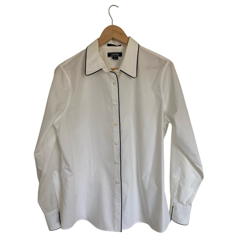 Lands' End White Button-Up Shirt‎ Navy Piping Size 14 Classic Supima Cotton
